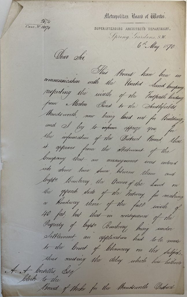 Southfields Road Widening letter from MBW to WDBW