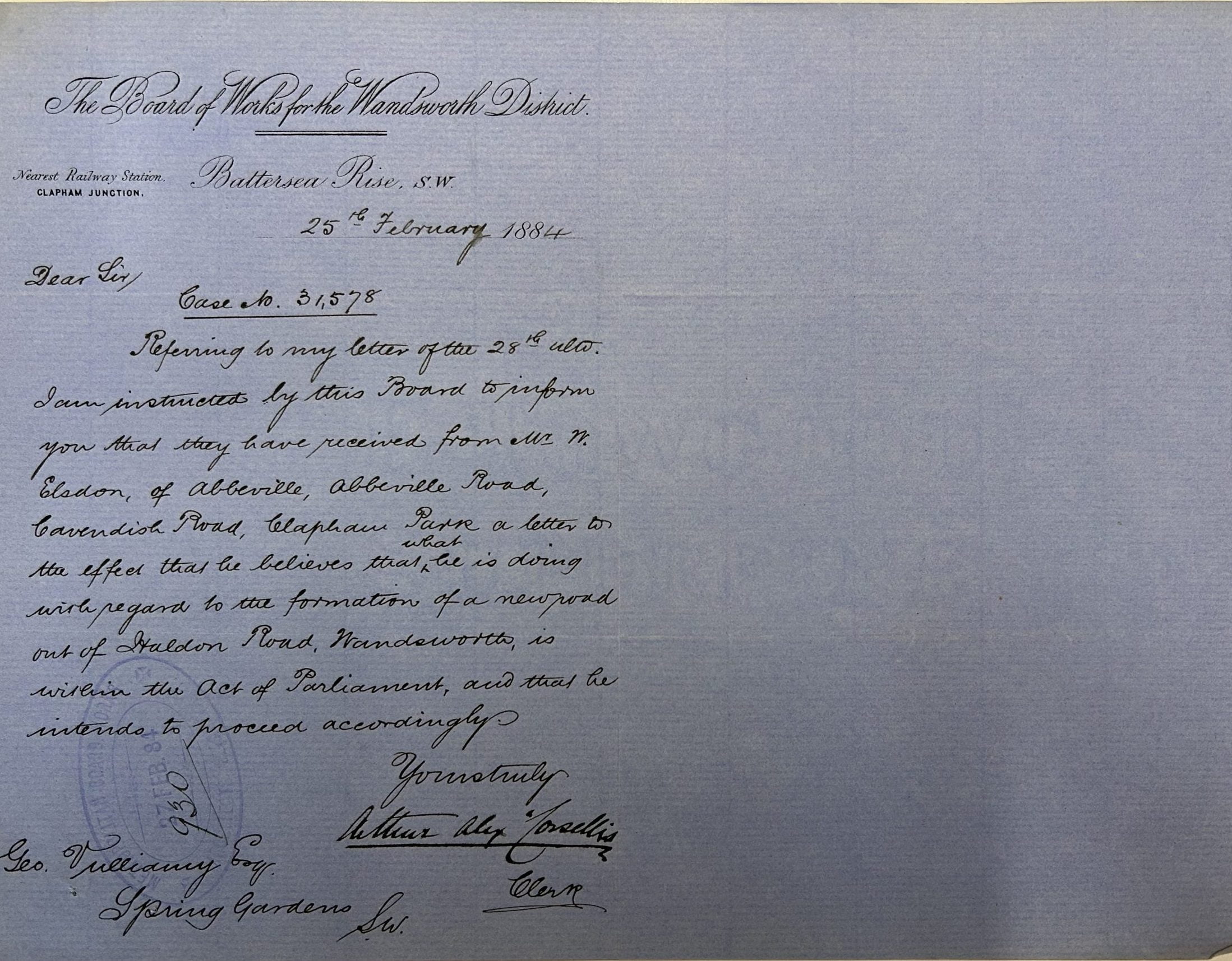 Response to Elsdon's Letter of 25th February 1884 threatening to go ahead and build Jephtha road anyway