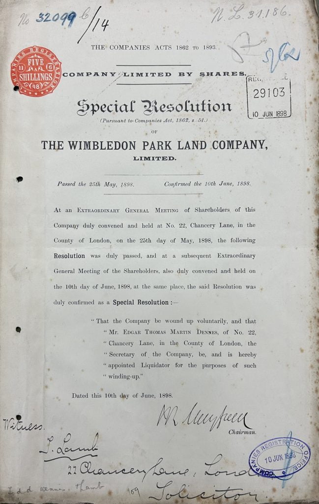 The Wimbledon House Land Company Limited Liquidation 1898