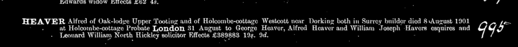 Alfred Heaver's Probate Register Entry