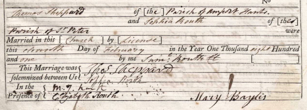 arriage register for Sophia and Thomas Sheppard