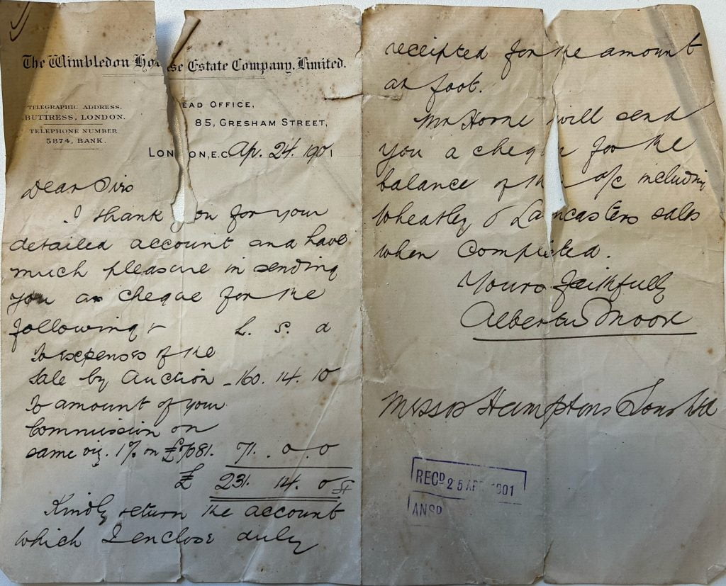 Payment of commission April 1901 presumably against the Feb 1901 auction - Courtesy of Hamptons.