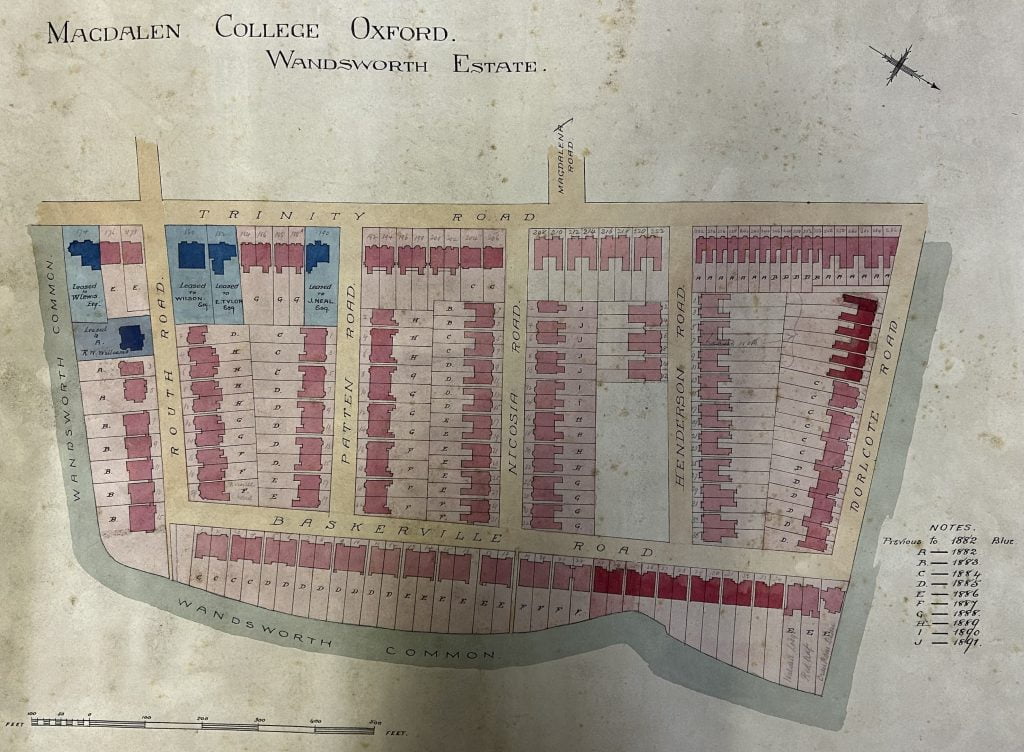 A later plan, from after 1892, of the development of The Toast Rack, the all Farthing Piece name has now been dropped, Wandsworth Common. By kind permission of the Master and Fellows of Magdalen College, Oxford.