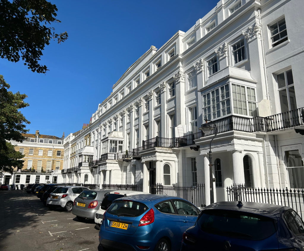 The grade I listed Sussex Square, Brighton. Oblique shot September 2024.